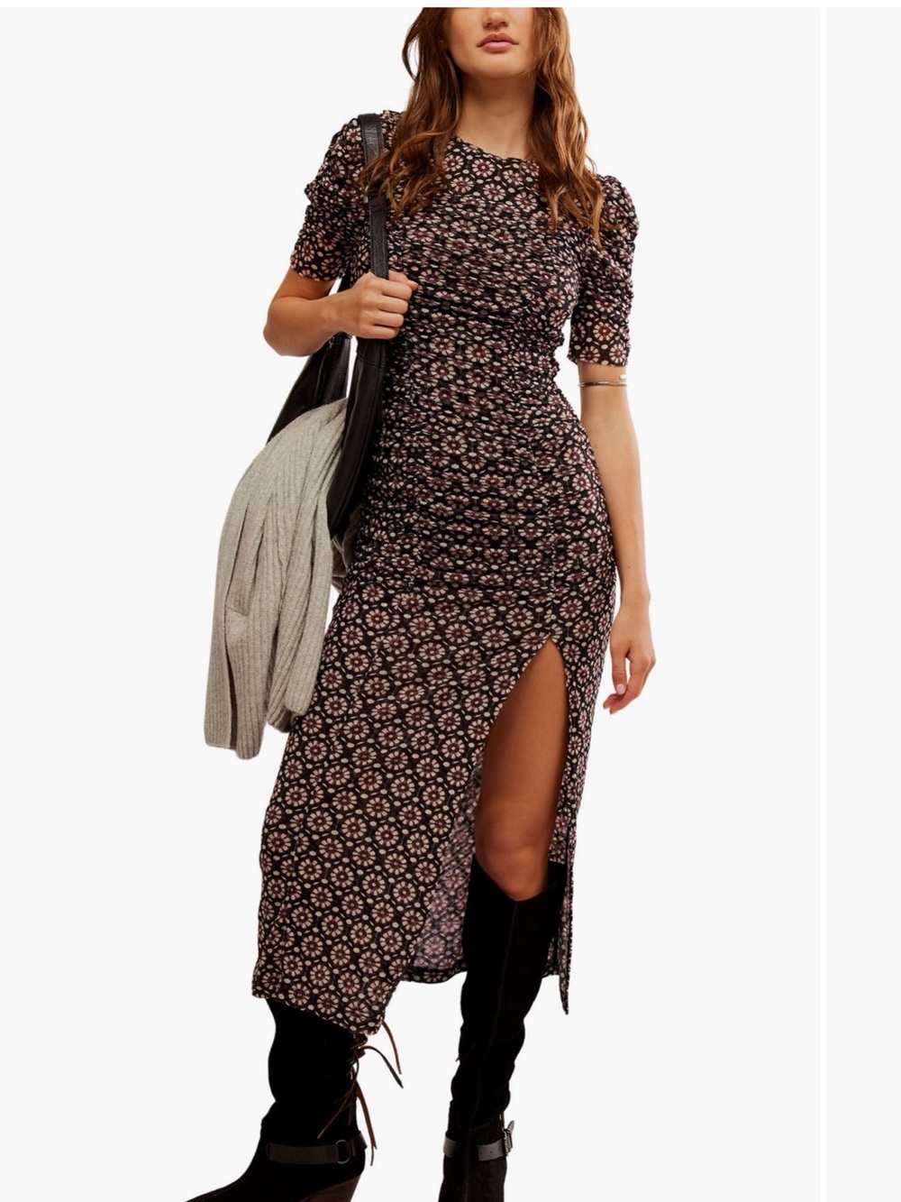 Free People Black Midi Dress with Pink Floral Print